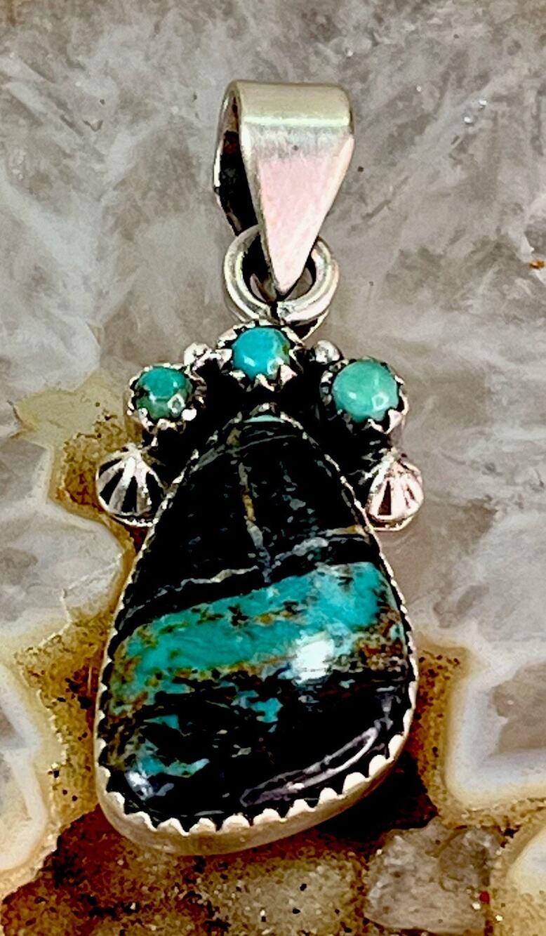Southwest Blackjack Turquoise Sterling Silver 925 Cluster Statement Pendant 1.5”